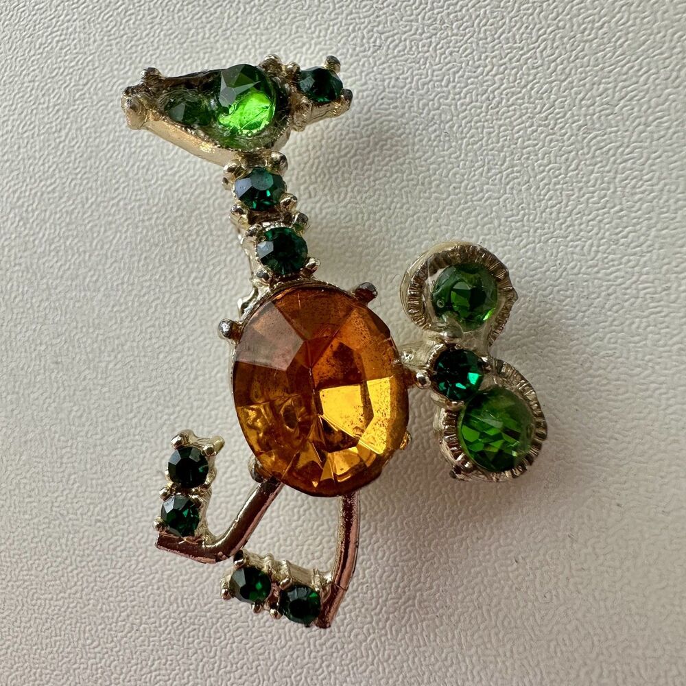 Vintage Rhinestone Bird Small Brooch Green Orange Costume Jewelry Pin Unmarked